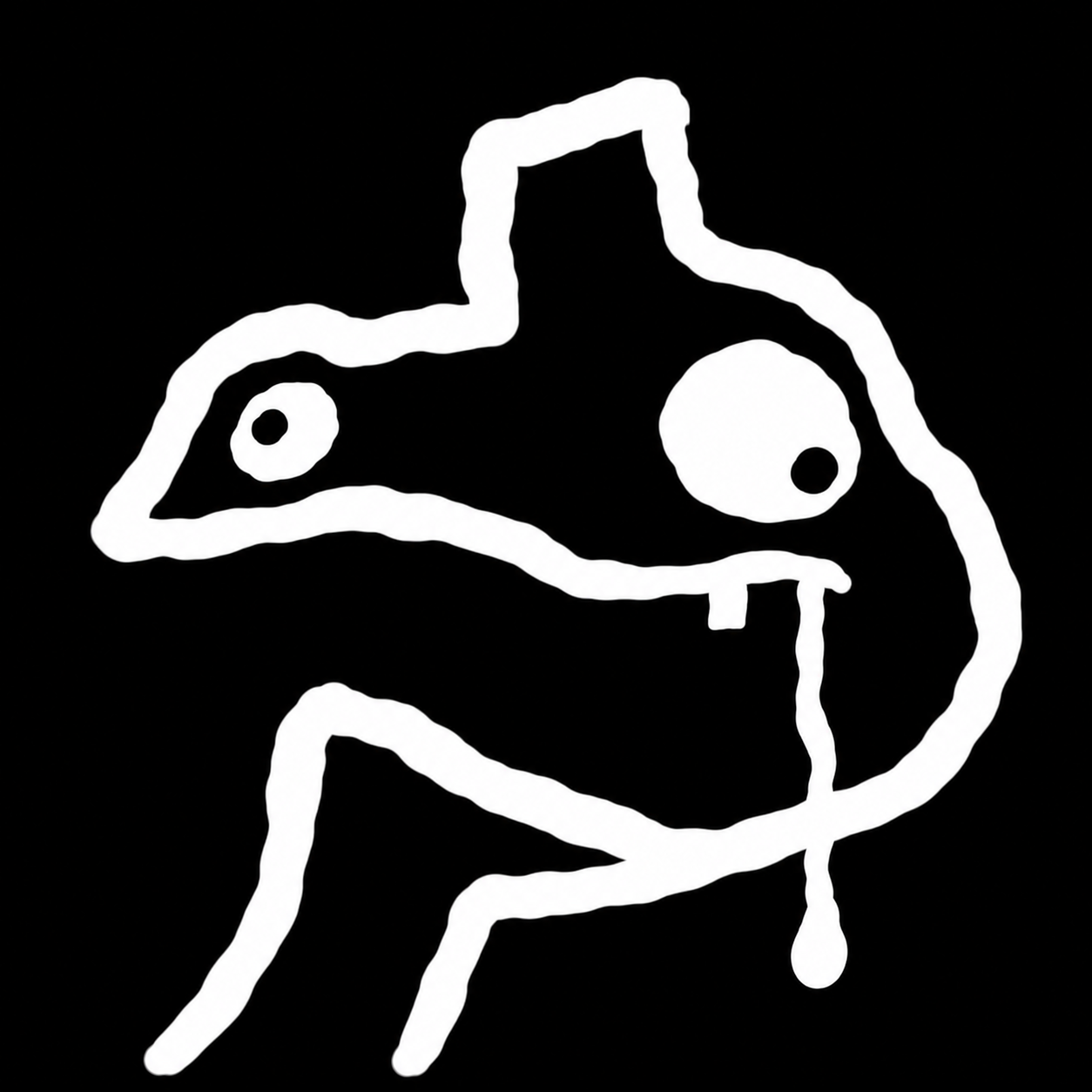 Extremely goofy hand-drawn white creature with mismatched eyes and drool on a black background